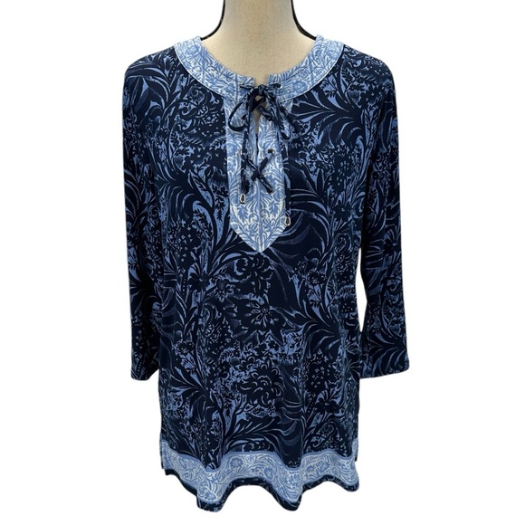 JM Collection 3/4 Sleeve Lace Up Neck Floral Print Blouse - Blue - size Medium - Picture 1 of 10